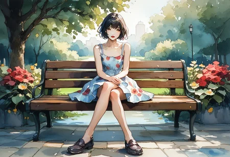 score_9, score_8_up,score_7_up, score_6_up, score_5_up, score_4_up, watercolor painting of
cute girl in yellow.sundress, black bangs, red lipstick, white skin
((Sitting on a bench in a park),
(Slender body smooth),ng_deepnegative_v1_75t, easynegative, negative_hand, ArsMJStyle, Watercolor, shoe dangle, loafers