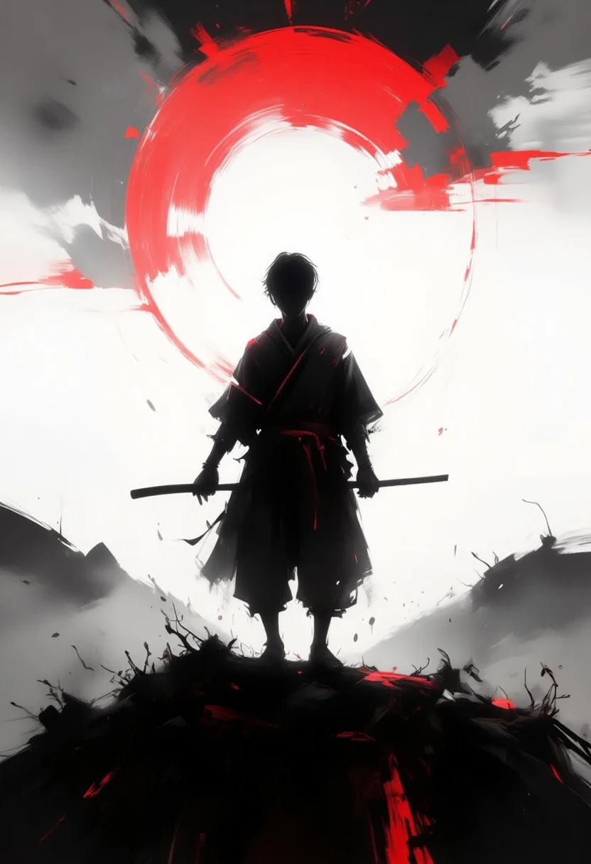 aidmaimageupgrader, monki, hill, back view stave, shadow, silhouette, black and white, monochrome, red accents, dramatic lighting, atmospheric, foggy background, japanese culture, minimalist, moody, contrast, sunset glow, isolated figure, reflective pose,pscho_4rt