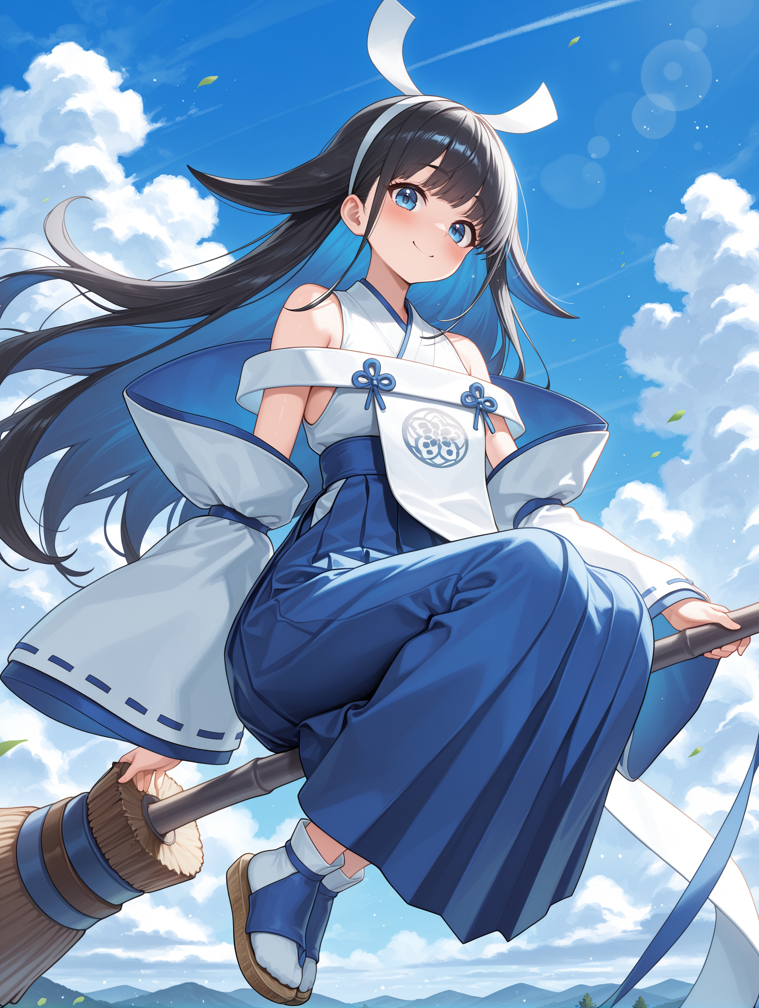 shinonome the vaylantz priestess,1girl,solo,white broom,broom riding,cloud,blue sky,smile,looking at viewer,blush,bare shoulders,full body,colored inner hair,white hairband,white ribbon-trimmed sleeves,white sleeveless kimono,blue hakama skirt,white tabi,blue sandals,white breast curtain,blue sky,
masterpiece,best quality,amazing quality,very aesthetic,absurdres,newest,scenery,extreme detail,8k,light particles,soft lighting,volumetric lighting,intricate details,finely detailed,detailed eyes,<lora:Shinonome the Vaylantz Priestess illusXL v1.1:0.75>,