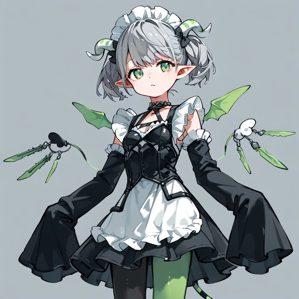 score_9, score_8_up, score_7_up, score_6_up, score_5_up, score_4_up, simple background,
1girl, solo, arianna, grey hair, short twintails, green eyes, horns, mini wings, pantyhose, sleeves past wrists, maid headdress, pointy ears,
<lora:arianna_pony_v1:0.7>