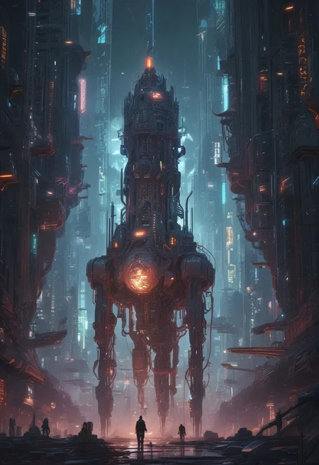 biomechanical cyberpunk A moment of joy in an unexpected place. Use high detail, vivid color, contrast, and scenery to achieve stunning visual effects. include a dark, sinister detail or figure. . cybernetics, human-machine fusion, dystopian, organic meets artificial, dark, intricate, highly detailed