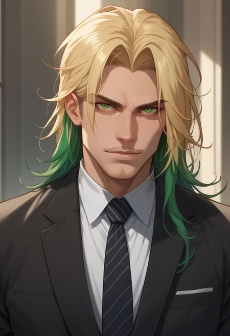 niji comix style, 1boy, male focus, solo, necktie, green hair, green eyes, facial hair, multicolored hair, long hair, jacket, upper body, two-tone hair, blonde hair, looking at viewer, shirt, formal, comic art style, illustration PnyCmicPosXL
zPDXL2