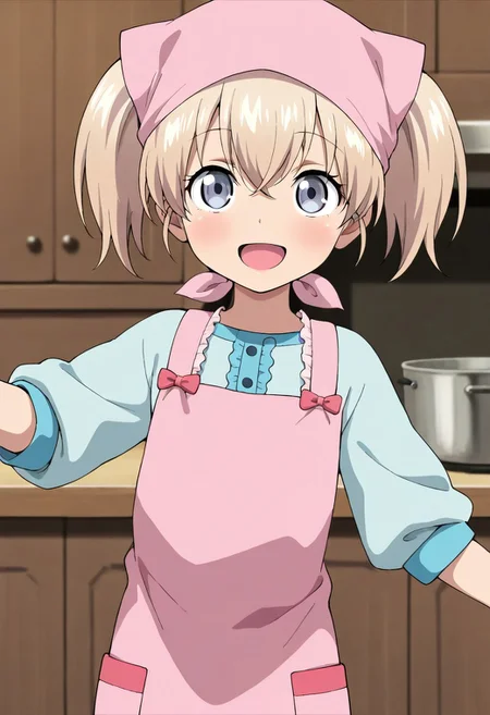 masterpiece,best quality,amazing quality, latina, 1girl, smile, open mouth, blonde hair, shirt, bow, hair between eyes, twintails, :d, apron, short twintails, head scarf, pink apron, grey eyes