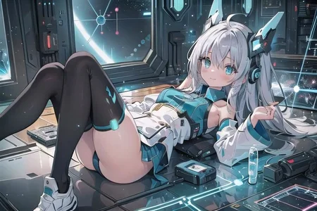 (masterpiece), (science fiction:1.4), 1girl, lying on the back on a mirror, lying on the back on a mirror, lying on the back on a mirror, smile, silver hair, aqua eyes, headgear, long sleeves, detached sleeves, glowing energy clothing, light particles, energy particles, perfect hands, perfect legs