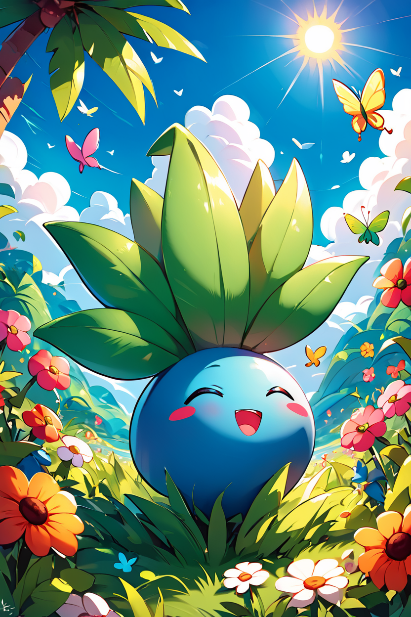 score_9, score_8_up, score_8,  ,,,  zzOddish, smile, open mouth, closed eyes, flower, :d, outdoors, sky, day, cloud, blue sky, blush stickers, happy, sunlight, grass, bug, butterfly, sun,  ,<lora:OddishPokedexPDXL:1.0>,   ,,, ,,, embedding:zPDXL, Expressiveh, <lora:CatalystStylePDXL:0.6>,  <lora:SDXLFaeTastic2400:0.5>,  <lora:Expressive_H-000001:0.4>,