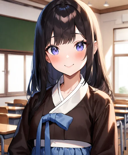1girl, beautiful black long hair,
(hanbok), (sarashi:-1),
looking at viewer, close-up, chatting, talking, (smile, blush:0.7),
indoor, (japanese school classroom:1.2), school, classroom chairs, classroom desks, chalkboard,
masterpiece, best quality, very aesthetic, safe,
<lora:neg4all_bdsqlsz_xl_V91:1.0> <lora:Hnbk_Anmgn31_AB1:0.8>