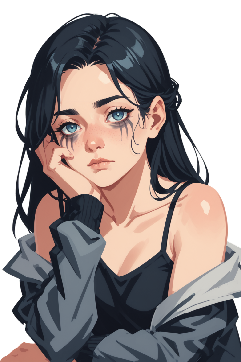 1girl, solo, long hair, black hair, blue eyes, white background, simple background, looking at viewer, jacket, upper body, camisole, hand on own face, closed mouth, off shoulder, bare shoulders, hand on own cheek, collarbone, long sleeves, open clothes, head rest, open jacket, tank top, sidelocks, spaghetti strap, breasts, grey jacket, sleeves past wrists, black jacket, hand up, expressionless, straight hair, shirt, bags under eyes, zPDXL3,  PnyCmicXLPOS, detailxl,  (lineless, vector art:1.5)