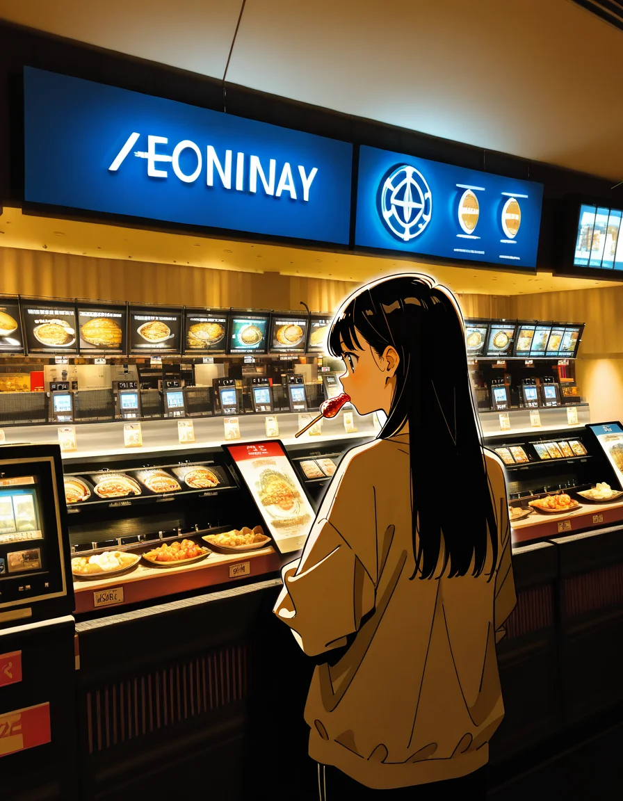 score_7_up, anime BREAK official art, solo, 1girl, one girl,
Black hair, (chest length hair:1.2), Straight Hair, bangs, one tucked behind ear, black eyes, feature large highlight, feature double highlights, shaped eyeblow,
<lora:Shopping_Mall-000006:1>, Shopping Mall, photo background, real world location,
indoors, food, from behind, 1girl, 1boy, cinema complex, movie theater refreshment counter, concession stand,
(masterpiece:1.3), best quality, high resolution, unity 8k wallpaper, extremely detailed CG, 8K, (watercolor \(medium\), muted color, sketch:1.1), perfect anatomy, highly finished, masterpiece, best quality, high quality, amazing quality, great quality, very aesthetic, ultra detailed, highres, absurdres, highly detailed, highly detailed background,