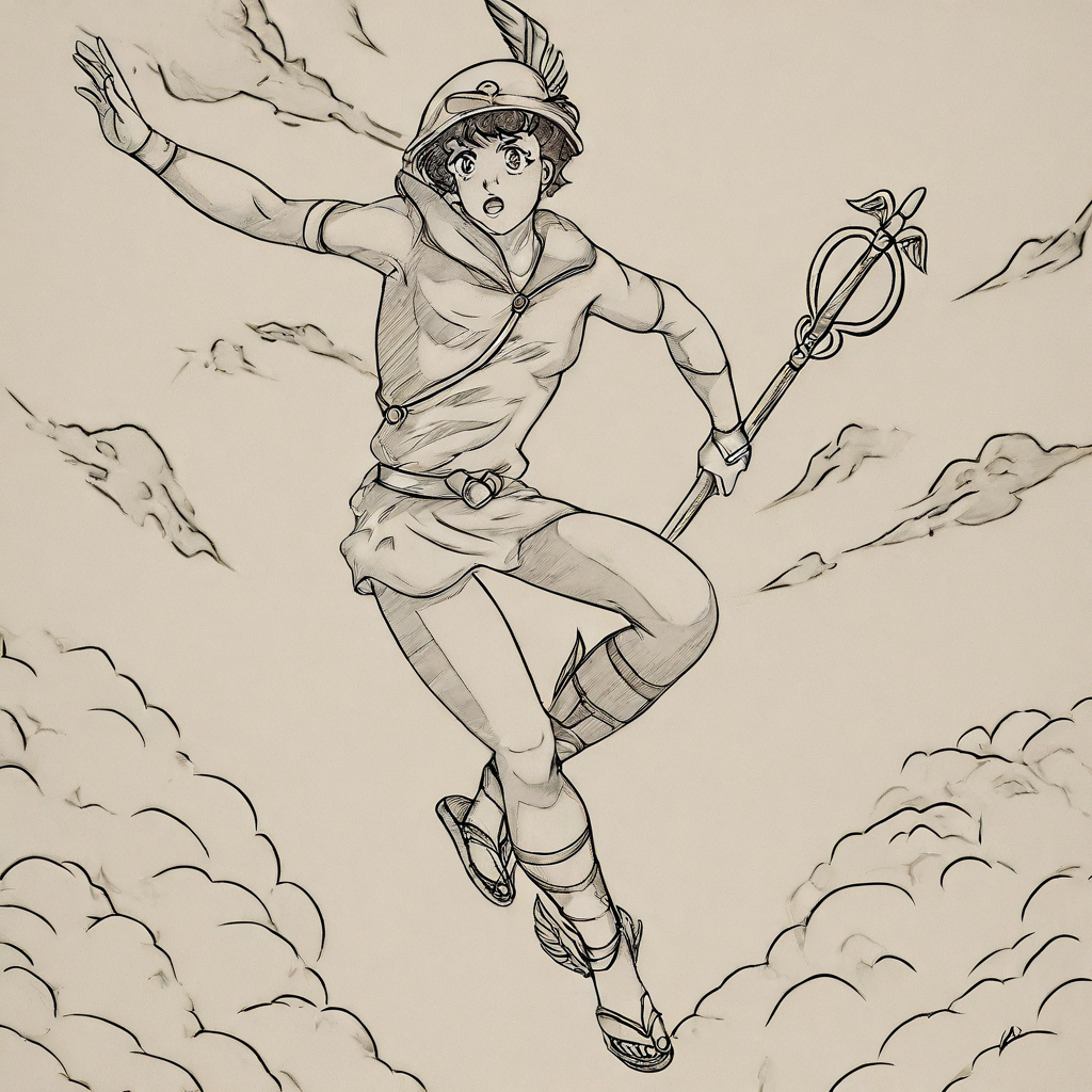 h_mercury,talaria,holding, staff, sandals, runnning, background stunning sky with clouds<lora:Mercury:0.7>  <lora:Mezzotint_Artstyle_for_Flux_-_by_Ethanar:0.5> <lora:CPA:0.7>anime style <lora:RetroAnimeFluxV1:0.8>