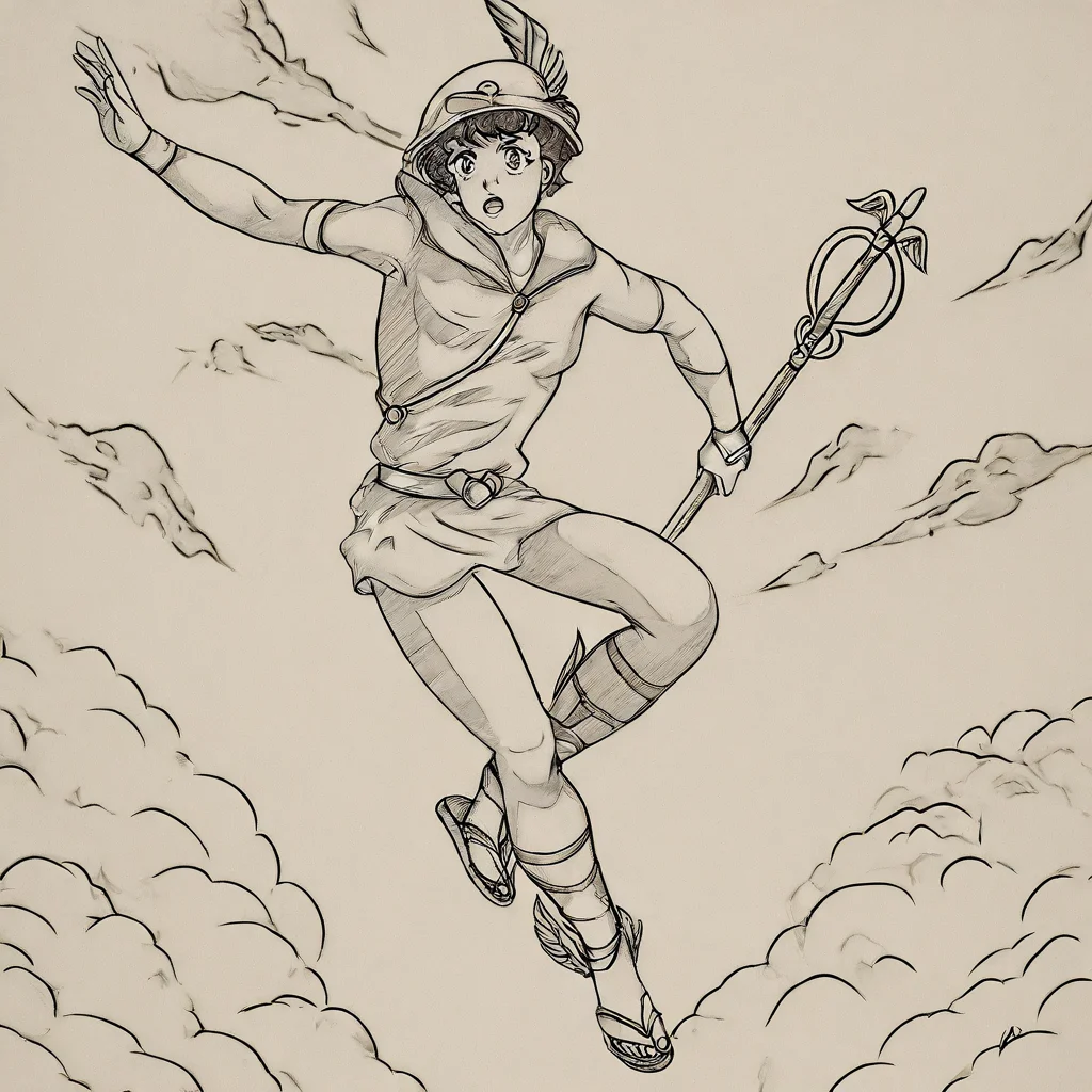 h_mercury,talaria,holding, staff, sandals, runnning, background stunning sky with clouds<lora:Mercury:0.7>  <lora:Mezzotint_Artstyle_for_Flux_-_by_Ethanar:0.5> <lora:CPA:0.7>anime style <lora:RetroAnimeFluxV1:0.8>