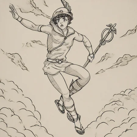 h_mercury,talaria,holding, staff, sandals, runnning, background stunning sky with clouds<lora:Mercury:0.7> <lora:Mezzotint_Artstyle_for_Flux_-_by_Ethanar:0.5> <lora:CPA:0.7>anime style <lora:RetroAnimeFluxV1:0.8>