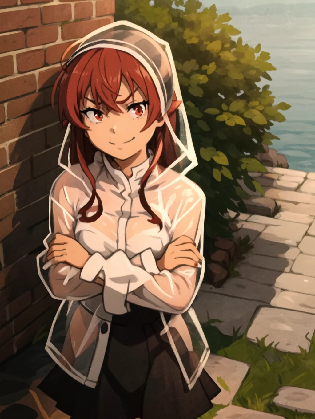 1girl, ((eris)), (((red hair, long hair))), clothing cutout, long sleeves, shoulder cutout, standing, crossed arms, cowboy shot, <lora:clothesTransparent_v20:1>, transparent raincoat, hood up, ((evil smile)), outdoors, brick wall, rain, skirt, wet, white shirt, water, solo, (((water))), from above,