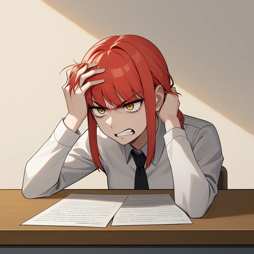 score_9, score_8_up, score_7_up, score_6_up, score_5_up, score_4_up, zPDXL2,source_anime,rating_questionable, 1girl, solo, Makima CSM, <lora:Stressed:0.8> str3ss, hand in own hair, stress, hunched over desk, elbows on desk, angry