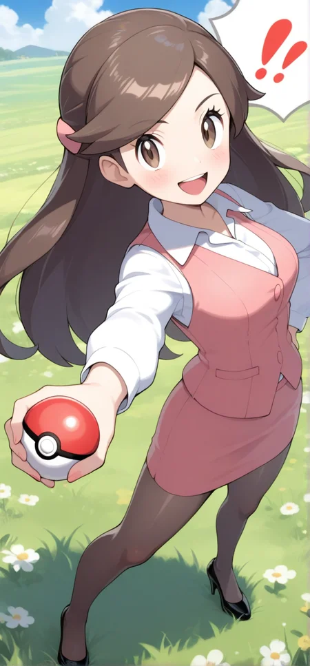 2d, masterpiece, best quality, amazing quality, 1girl, solo, close-up, standing, open mouth, smile, exclamation mark, stretched arm, full body,holding pokeball, looking at viewer, meadow, day,olbw, office worker \(pokemon\), office lady, brown eyes, long hair, brown hair, hair ornament, pink vest, white shirt, collared shirt, long sleeves, pink skirt, pencil skirt, black pantyhose, high heels, black footwear