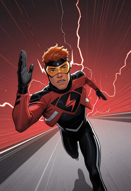 masterpiece, absurdres, high quality, perfect anatomy, 1boy, solo, cute boy, male focus, Mask, Visor, Red Jacket, Chest Symbol, Black Gloves, Black Bodysuit, Ginger Hair, Freckles, cinematic, intricately detailed illustration, depth of field, masterpiece, best quality, amazing quality, very aesthetic, absurdres, newest, very awa,  shadow, dynamic angle, casual cosplay, dynamic pose, simple background, running pose, superspeed, running, red electricity, motion blur, light trail, red lightning, YJ-Styl3