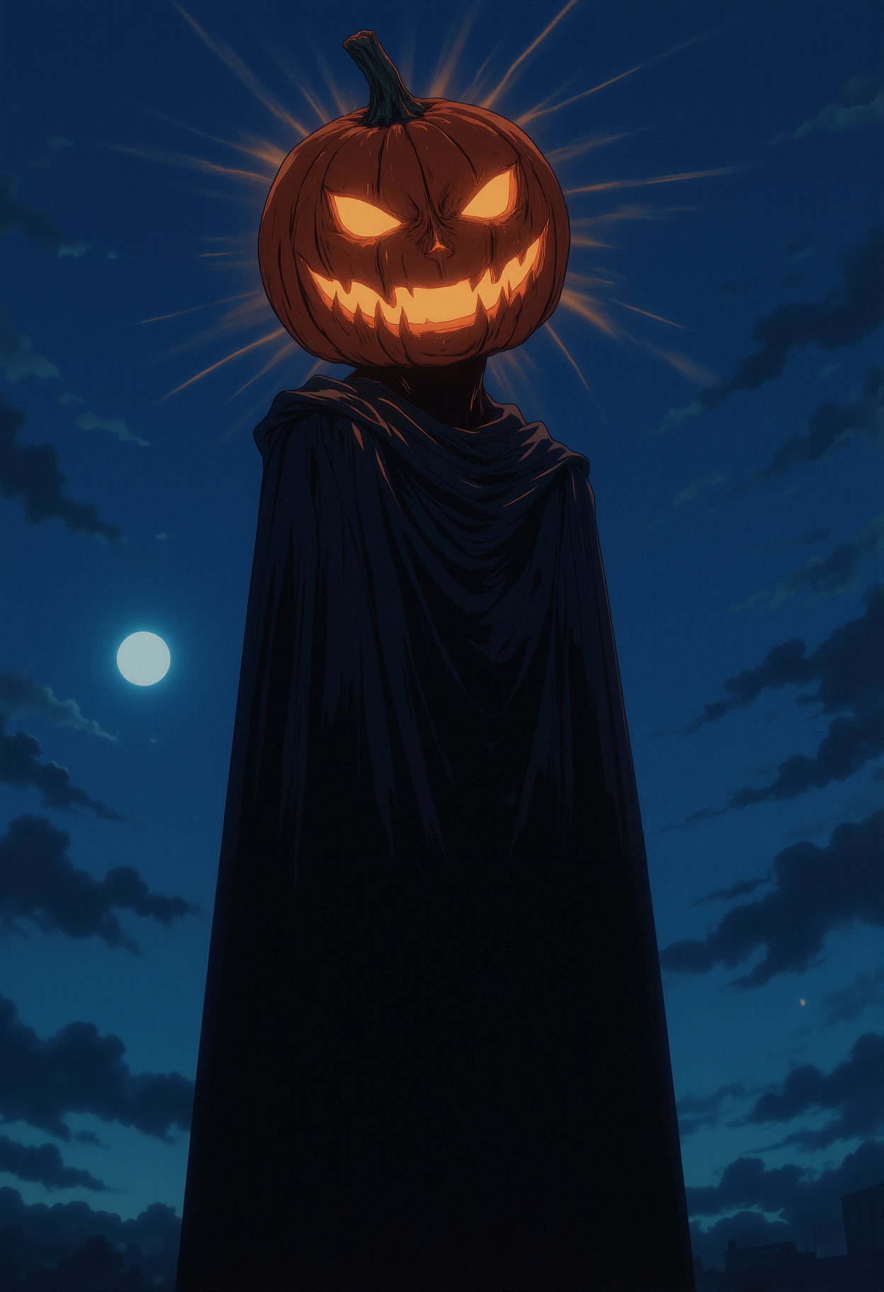 A tall, shadowy figure with a glowing pumpkin for a head. The pumpkin has an eerie, jagged grin with glowing orange light emanating from its eyes and mouth. The figure is dressed in a flowing dark cloak, the fabric obscuring the body entirely. The scene is set at night, with a small, bright moon in the distance casting pale light. Rays of light shine through the top of the pumpkin, enhancing its glow. The figure is slightly turned, showing only the upper body from a low-angle perspective. The atmosphere is dark and mysterious, with a deep blue night sky and some faint clouds drifting by.     <lora:anime_martzv2:0.53> anime_martz,  <lora:FLUX-daubrez-DB4RZ:0.33> DB4RZ, DB4RZ style painting, <lora:NeonFantasyFLUX:0.73> ne0nfant4sy,