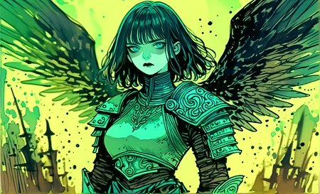 score_9,score_8_up,score_7_up,score_6_up,score_5_up,score_4_up, 1girl,solo,long hair,breasts,looking at viewer,bangs,blue eyes,black hair,medium breasts,closed mouth,standing,cowboy shot,wings,medium hair,armor,blurry,depth of field,blurry background,colored skin,shoulder armor,pelvic curtain,black wings,pauldrons,grey skin,black lips,boobplate, SunfadePatina,<lora:Style_SunfadePatina:1>,watercolor \(medium\),