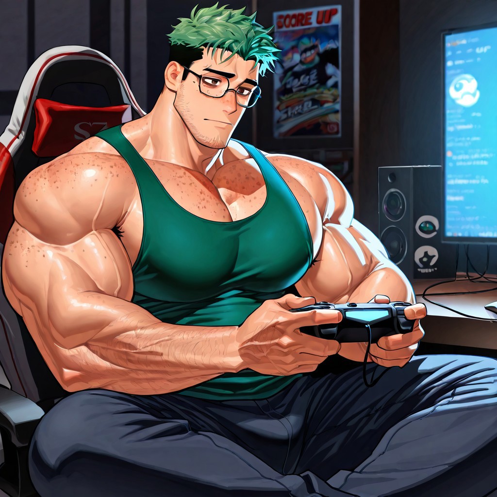 score_9,score_8_up,score_7_up, score_9, score_8_up, Intricate Details, Masterpiece, Best Quality, 1man, mature, bara, solo, male focus, correct anatomy, perfect hands, stylized seinen anime style, lots of details, shaded, detailed shading, detailed skin, counter shading, bright green hair, black highlights, messy short hair, nerdy glasses, brown eyes, facial hair, stubble, freckles, cute but handsome features, eye bags, dark circles under eyes, massive pecs, massive arms, tank top, armpit hair, gamer, cross legged, game console, game controller, playing video games, facing TV screen