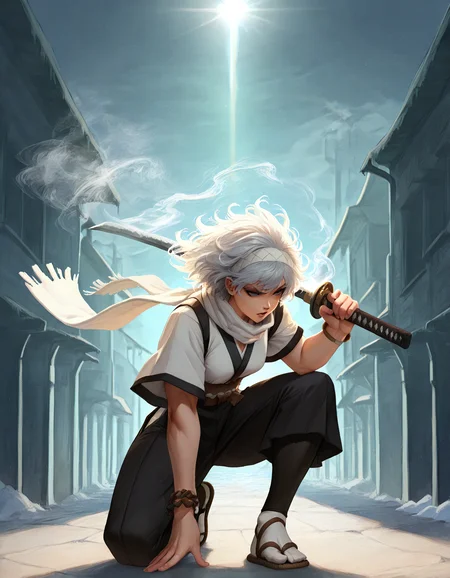 masterpiece, best quality, amazing quality, very aesthetic, absurdres, newest, scenery, highly detailed, from below, (full body), handfixer,
1girl, ronin, asian, long ice messy hair, old white kimono, (long torn white headband), long torn white scarf with smoke effect, cloth belt, beaded bracelet, White Japanese Tabi Socks, sandals, (ice katana with smoke effect), (right hand holding katana, katana over shoulder), ((on one knee, left hand on own knee)), angry, despise, alley, ancient japanese town, outdoor, winter, snow,
<lora:NikkeProfileV2_XLPD:0.8> <lora:HandFixer_pdxl_Incrs_v1:1> <lora:katana-over-shoulder:1> <lora:Ice:1>,
masterpiece, best quality, amazing quality, very aesthetic, absurdres, newest, scenery, highly detailed, dim lightingâââ