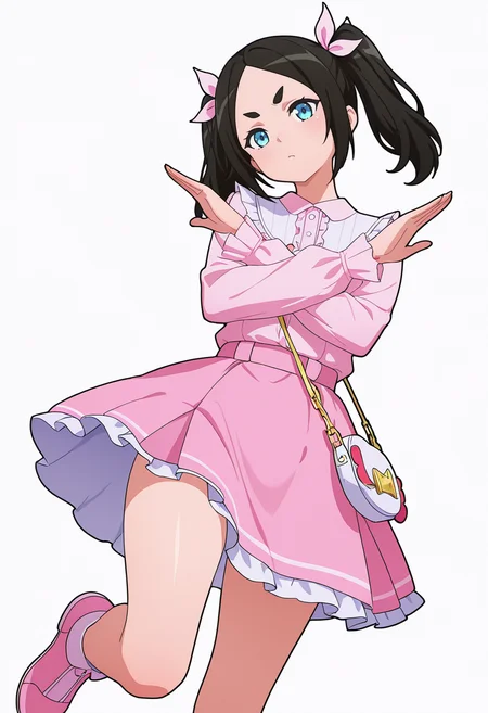 Smooth Quality,masterpiece,very intricate, high quality details, ultra realistic, high detailed skin,detailed enviorement,absurdres,
vulcan salute,
<lora:Dannar_Toxico_CNR:0.7> toxico_cnr, 1girl,black hair, twintails, blue eyes, thick eyebrows,
toxico_pink_cnr, 1girl,pink dress, pink shirt,pink skirt,long sleeves, frills,handbag,pink bow, ribbon,pink footwear,, simple background, white background, dynamic angle,
dynamic pose, arms crossed, one leg bent, confident stance, slight head tilt, relaxed hands,  ,, v-shaped eyebrows,