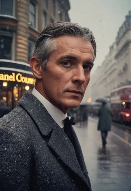 highly detailed HDR photograph of an awkwardly handsome old man, round face, mesmerizing eyes, large sideburns, deep skin wrinkles and visible pores, (realistic skin texture), gray hair, stoic expression, dressed in 1843 winter formal suit with Chanel Métiers d'Art couture styling, warm overcoat, holly pinned to lapel, snow falling in 19th century Piccadilly Circus, London, cinematic lighting inspired by Brandon Woelfel, film grain, vivid yet realistic color tones, (Kodak Portra film aesthetic), hazy festive atmosphere, high contrast, delightful postcard composition, immersive scene, dynamic narrative mood, professional fashion photography, Tony Kelly and Casey Baugh influence