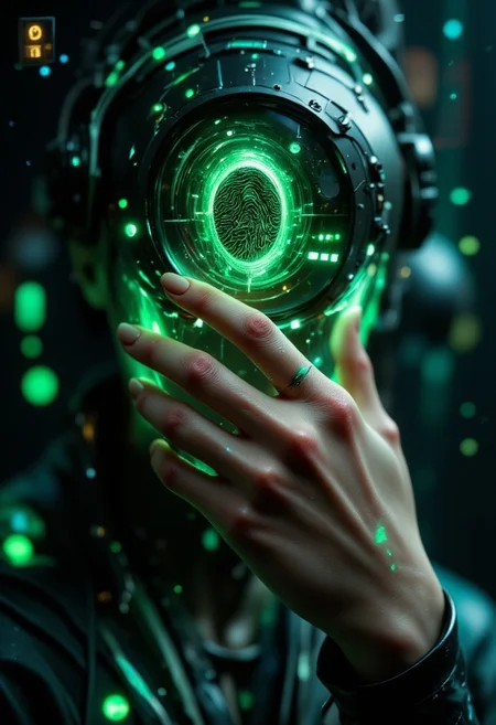 Emo woman upper body face close up. A hyper-detailed, futuristic close-up of a human fingertip illuminated by a soft green glow, revealing a complex, holographic circuit pattern etched into the skin, resembling a digital fingerprint. The intricate lines and nodes of the circuitry shimmer with a faint white and blue light, symbolizing advanced biometric technology. Surrounding the finger, a semi-transparent user interface displays scanning progress indicators, synchronization bars, and faint text overlays, adding to the high-tech aesthetic. The background is softly blurred, suggesting a sleek, digital environment while emphasizing the focus on the finger and its augmented details. <lora:aidmaFLUXPro1.1-FLUX-v0.3.safetensors:1.0>,  <lora:Dark side of light.safetensors:0.55>, <lora:Glitchcore_Flux.safetensors:0.8>,