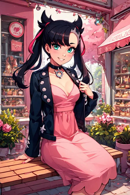 score_9, score_8_up, score_8, medium breasts, (curvy), cute, eyelashes, sitting on bench, side view, smile, looking at viewer,  ,,, zzMarnie, aqua eyes, black choker, black hair, red ribbon, pink dress, jewelry, black jacket, open clothes, long sleeves, <lora:MarnieP3:0.8>, cowboy shot,  BREAK, pnkBldng, tree, no humans, window, animal, plant, pink flower, sign, potted plant, pink theme, shop, spring (season), storefront BREAK,  embedding:zPDXL, Expressiveh,   <lora:PinkBuildingsPDXL_v2:0.6>,  <lora:SDXLFaeTastic2400:0.5>,  <lora:Expressive_H-000001:0.4>,