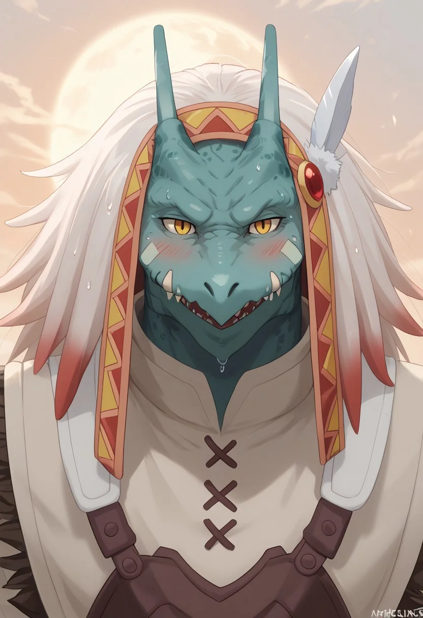 score_9, score_8_up, score_7_up, score_6_up, score_5_up, score_4_up, anthro, slight smile,seductive look,high detail, best quality ,detailed background,  thick thigh,(artist:null-ghost), dragon-like creature, blue-green scales, sharp golden eyes, no visible eyebrows, muscular build, strong jawline, long horns, small fangs, angular face, ridged forehead, smooth and reptilian skin texture,muscle, Muscular,  expressive,, detailed background, (high quality), (masterpiece), (detailed), sweaty, excessive sweating, blushing, dynamic, immersive, perfect reflections, volumetric, detailed image, high resolution, muscular, strong chest, masterpiece, detailed face, , Expressiveh,,sexy expression, detailed sweat, sweaty, sexy expression, detailed sweat, close up, side angle, smug,smile,sun background,day,sky,