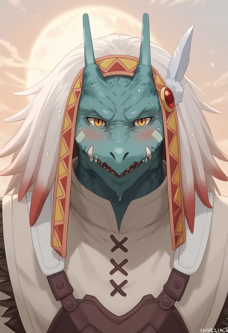 score_9, score_8_up, score_7_up, score_6_up, score_5_up, score_4_up, anthro, slight smile,seductive look,high detail, best quality ,detailed background, thick thigh,(artist:null-ghost), dragon-like creature, blue-green scales, sharp golden eyes, no visible eyebrows, muscular build, strong jawline, long horns, small fangs, angular face, ridged forehead, smooth and reptilian skin texture,muscle, Muscular, expressive,, detailed background, (high quality), (masterpiece), (detailed), sweaty, excessive sweating, blushing, dynamic, immersive, perfect reflections, volumetric, detailed image, high resolution, muscular, strong chest, masterpiece, detailed face, , Expressiveh,,sexy expression, detailed sweat, sweaty, sexy expression, detailed sweat, close up, side angle, smug,smile,sun background,day,sky,
