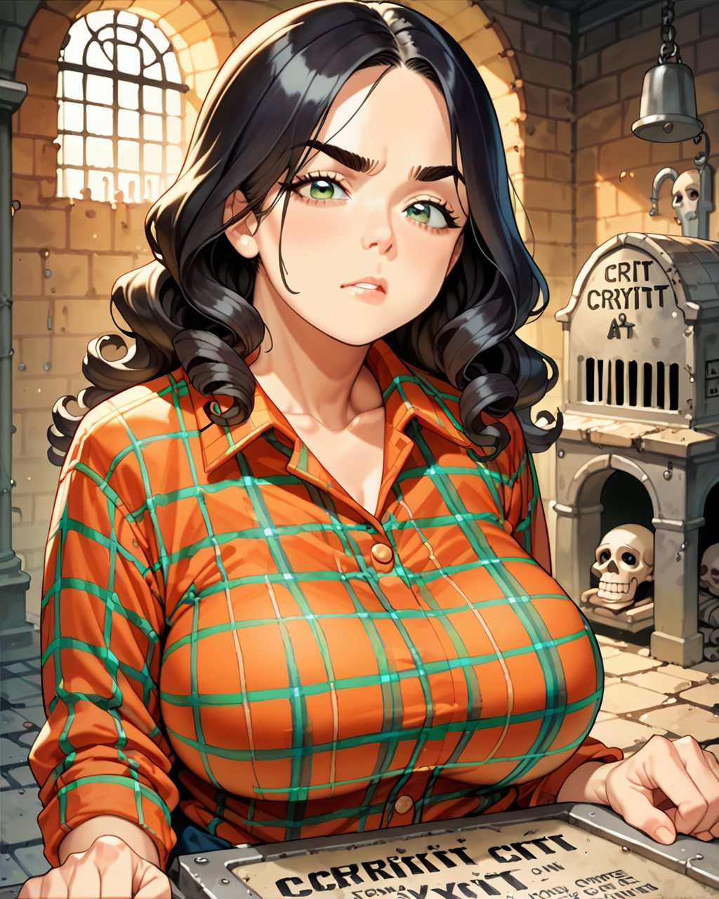 score_9, score_8_up, score_7_up, score_6_up, source_anime, rating_safe, ah1, 1girl, (curly hair), long hair, (black hair), mature female, (parted hair:1.7), (round face), (no_bangs:1.3), (no_fringe:1.6), (thick eyebrows), (curvy), round-chin, (dark olive green eyes), caucasian, down-turned eyes, <lora:ETO_OCPonyXL:0.5> eto_oc, skindentation, thick thighs, wide hips, petite, busty, voluptuous, (((Leaning against a crypt with a malevolent glare:1.7))), (flannel shirt),