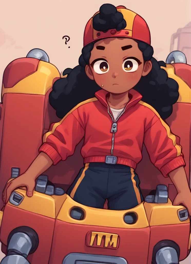 score_9, score_8_up, score_7_up, <lora:bsmeg:1> 1girl , bsmeg , dark skin, dark-skinned female, black hair, long hair, , baseball cap, backwards hat, red jacket,<lora:PossumMachine:1>posmach , confused, solo , mecha , On top of a robot ,robot , 1 robot , windscreen