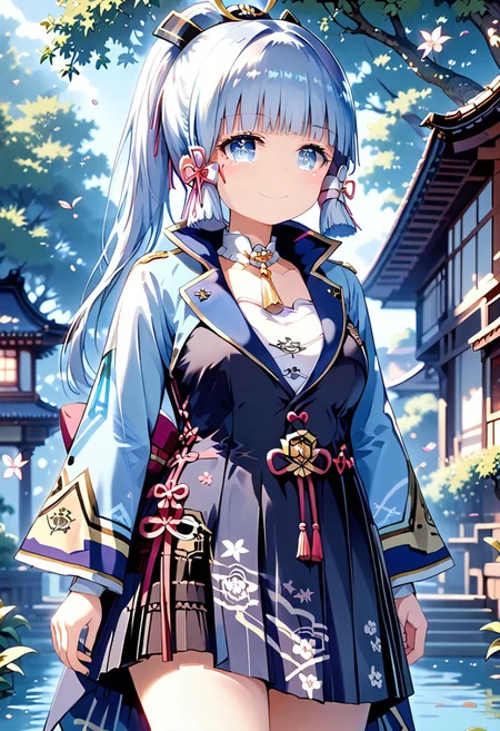 score_9, score_8_up, score_7_up, 1girl, FujisakaLP, mature woman, masterpiece, best quality, ultra high res, (big breasts1.2). smiling, happy, wide thighs, wide hips, (detailed eyes:1.2), (masterpiece), (best quality), (ultra detailed),(disheveled hair),(illustration), standing, smiling, beautiful detailed eyes, light blue eyes, detailed beautiful face, (kamisato ayaka: 1.2), focus on face, ponytail, kamisato ayaka(genshin impact), light blue hair, detailed hair, bangs, best lighting, best shadow, highly detailed, vibrant