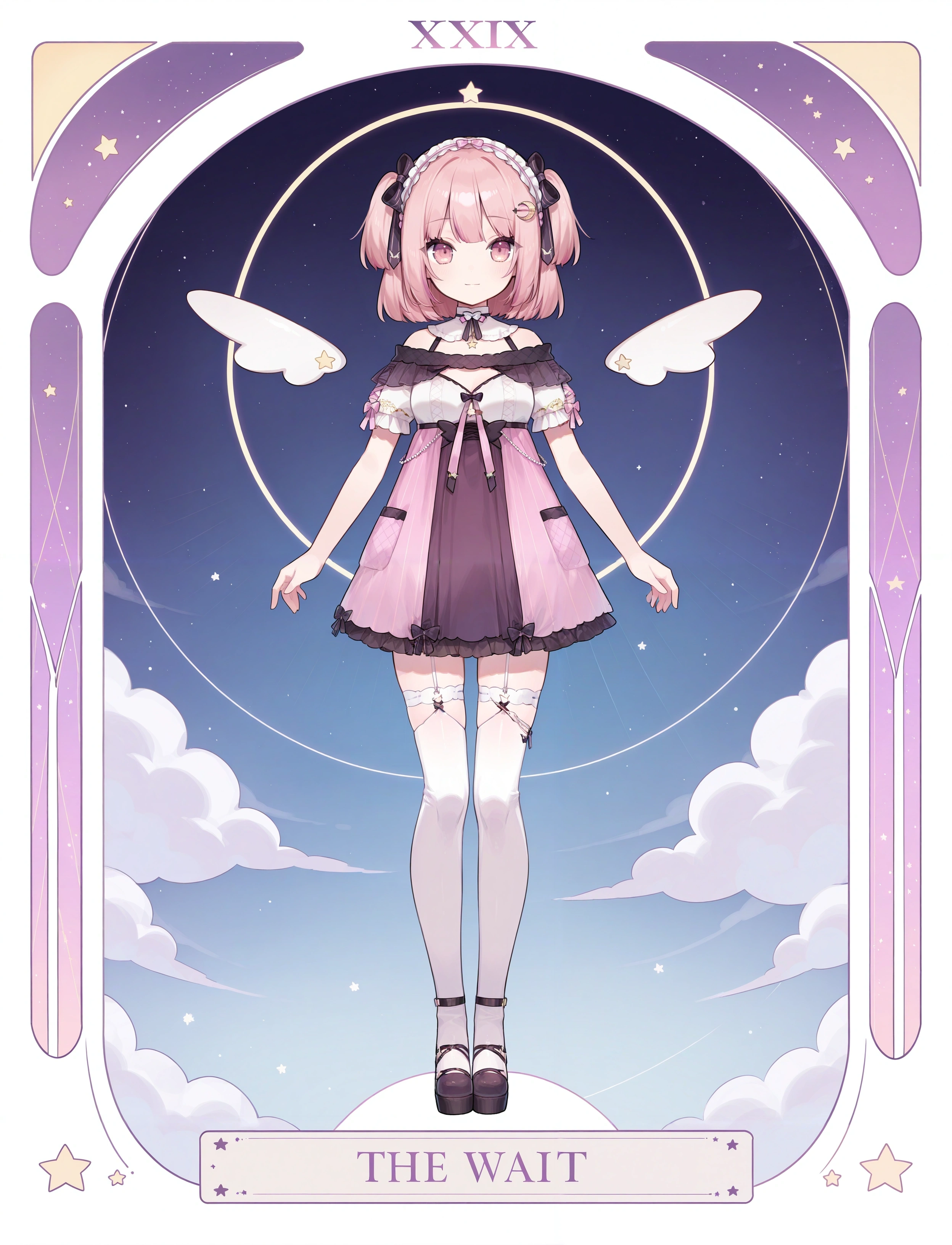 1girl,
lemonleaf, crescent hair ornament, pink hair, two side up, 
short sleeves, full body, thighhighs,
tarot, light smile,
masterpiece, very awa
<lora:char_lemonleaf-ill-v1.1:1>