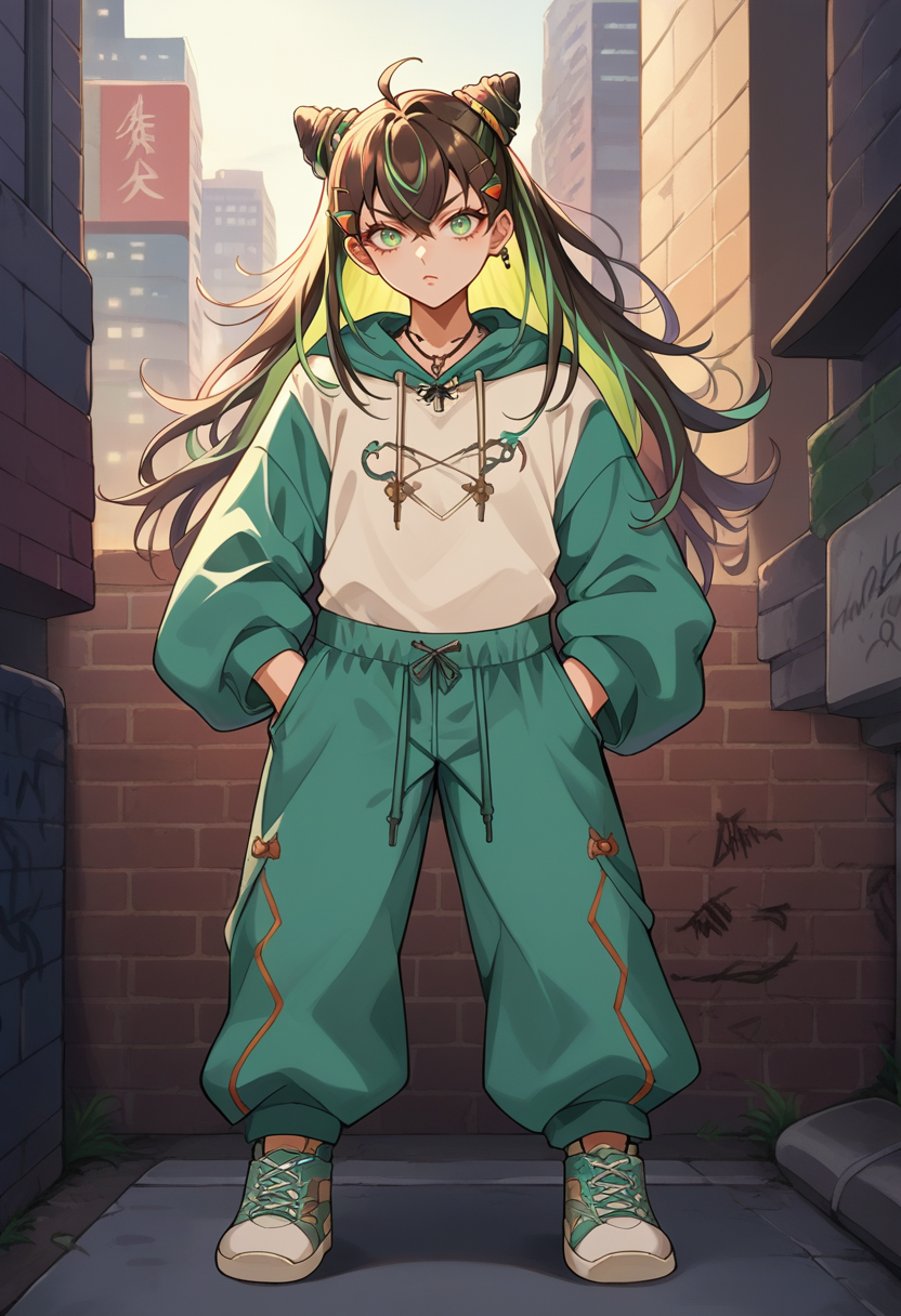 score_9, score_8_up, source_anime, 1girl, solo, Hachidori, multicolored hair, long hair, cone hair bun, ahoge, hair ornament, urban and street style, graffiti-inspired colors, cool and edgy attire, baggy pants, oversized hoodie, stylish sneakers, fashionable accessories, hip hop jewelry, confident expression, graffiti walls, energetic and vibrant atmosphere, <lora:ChamHachidoriPonyXL:1>