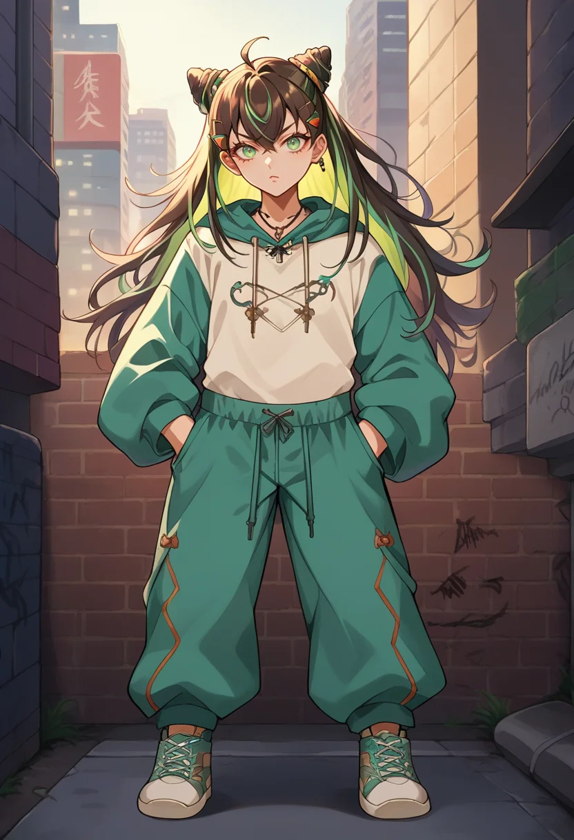 score_9, score_8_up, source_anime, 1girl, solo, Hachidori, multicolored hair, long hair, cone hair bun, ahoge, hair ornament, urban and street style, graffiti-inspired colors, cool and edgy attire, baggy pants, oversized hoodie, stylish sneakers, fashionable accessories, hip hop jewelry, confident expression, graffiti walls, energetic and vibrant atmosphere, <lora:ChamHachidoriPonyXL:1>