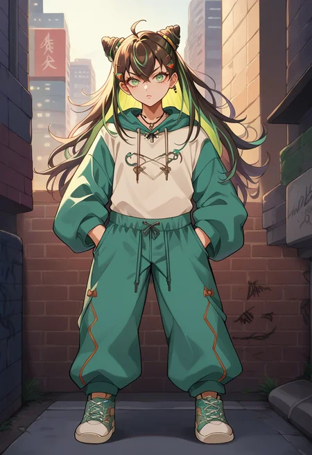 score_9, score_8_up, source_anime, 1girl, solo, Hachidori, multicolored hair, long hair, cone hair bun, ahoge, hair ornament, urban and street style, graffiti-inspired colors, cool and edgy attire, baggy pants, oversized hoodie, stylish sneakers, fashionable accessories, hip hop jewelry, confident expression, graffiti walls, energetic and vibrant atmosphere, <lora:ChamHachidoriPonyXL:1>