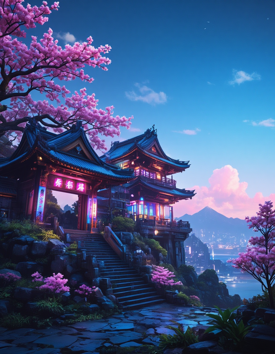 <lora:Cyberpunk_Temples_flux:0.8>  realistic photo, cyberpunk asian temple, neons, cherry blossom, glowing kanji, blue sky, sunny day, glowing flowers, vegetation, on a mountain, stairs, tree, sea, ct_flux, pagoda, sunset,