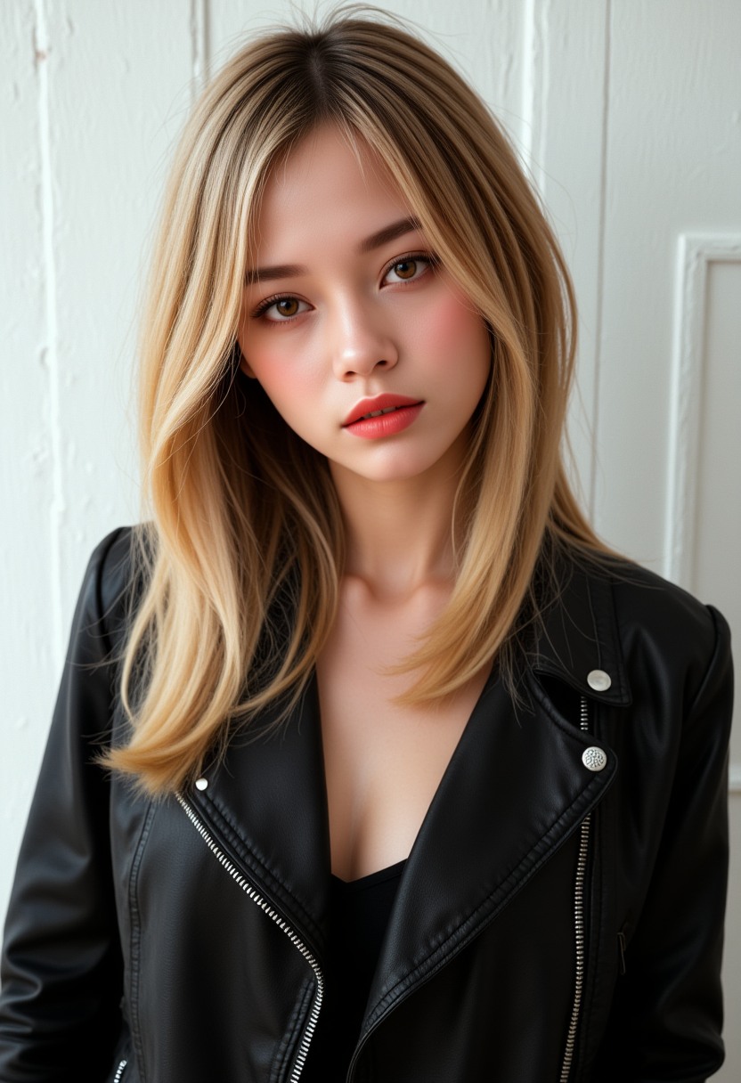 She is approximately 18 years old. Hyperrealism, she is looking at the camera, (dynamic angles), headshots of a beautiful, stunning unique female character. she has hair. her brown eyes are filled with joy and excitement, extravagant eyelashes,  A photo of Ae-cha, a woman, is shown. She has blonde hair and is wearing a black leather jacket. The photo is in black and white, giving it a classic and timeless feel. Ae-cha is posing for the camera, with a hint of a smile on her face. The composition of the photo is simple and elegant, focusing on the subject and her outfit..  She has a slight smile on her face and is looking directly at the camera. The background is a simple white wall.. making this image a masterpiece of photography and digital art. Style: realistic hyper-detailed rendering, 32k UHD, expressive eyes, punk, graphic design, girl's face, pretty and cute, gleaming lips, white skin, telling a tale of adventure. Exuding confidence and serenity. The background is a simple white wall. The overall mood of the image is happy and relaxed.RAW candid cinema,16mm,color graded portra 400 film,remarkable color,ultra realistic,textured skin,remarkable detailed pupils,realistic dull skin noise,visible skin detail,skin fuzz,dry skin,shot with cinematic camera,detailed skin texture,(blush:0.2),(goosebumps:0.3),subsurface scattering,beautiful photograph in the style of Augustus John,Sergio Toppi,Virginia Frances Sterrett,8k HD,detailed skin texture,ultra realistic,textured skin,analog raw photo,cinematic grain,whimsical,detailed hand,perfect hand.perfect style.