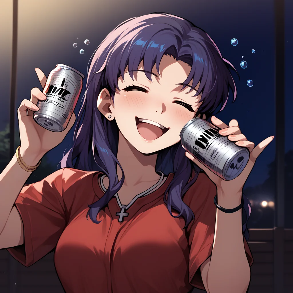 score_9,score_8_up,score_7_up,score_6_up,source_anime,rating_safe,1girl, Solo,laughing,messy apartment night, misato katsuragi,red dress, <lora:Drunk:1> dr1nk, blush, drunk bubbles, beer can,<lora:DrinkingDwntsy:0.8> drinking, hydrate, holding, holding can, zPDXL2,