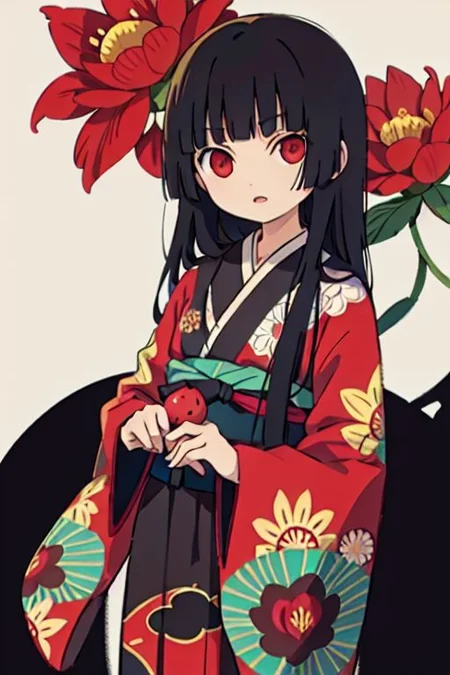 enma ai, hair down, hair black, bangs, eyes red, masterpiece, best quality, ultra-detailed, illustration, 1girl, solo, highres, photorealistic, ultra high res, (Original illustration composition), (fusion of limited color, Maximalism artstyle, kimono obi fashion, double exposure, background, illustration, Amazing, lily spider, night darkness, open one's mouth, finger, flowers red, (polychromatic peony:1.15), Movie poster,