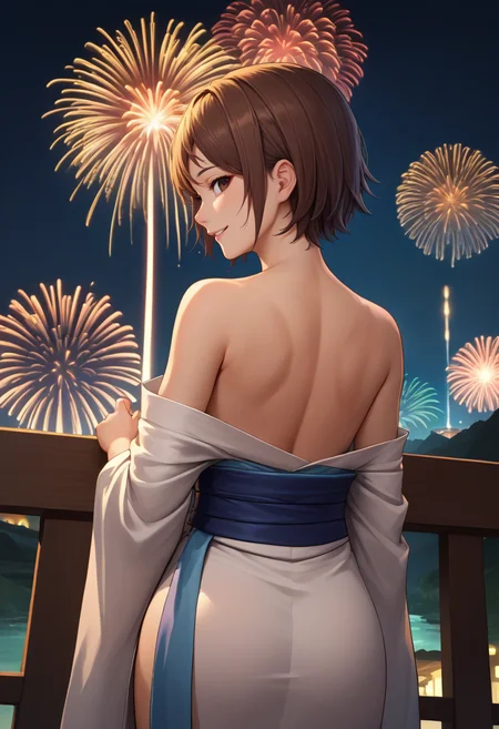 score_9, score_8_up, score_7_up, source_anime, from behind, solo, 1girl, asukarnd, smile, looking back, brown eyes, white kimono, off shoulder, blue sash, bare shoulders, fireworks <lora:tekken_asukakazama_ponyXL:1>