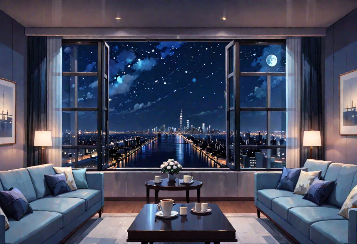 ((((front view)))), Shallow scene, ((animation style)), (((City high-rise building scenery))), ((((City scenery outside the window)))), ((sense of mystery)), (night), starry sky, moonlight, (weak warm light), (Facing the window), (open window), modern-style interior,  (sofa and coffee table by the window sill), Wooden floor, with white walls, (large windows), carpet, a living room, (((Sofa placed horizontally))), (Behind the sofa is the window sill),