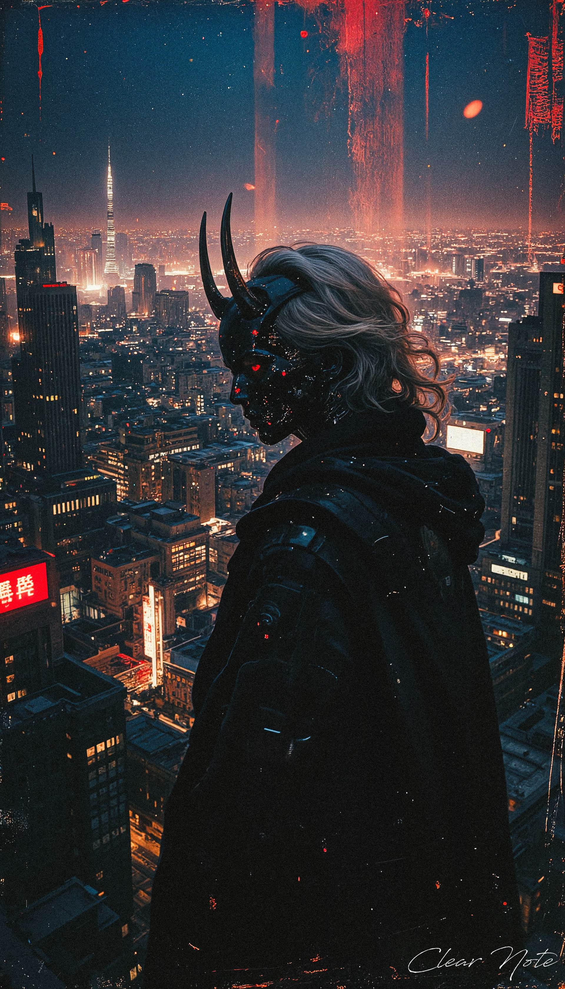 A cybernetic Japanese oni prowls neon-drenched cityscapes, its sleek metal form eerily blending with the vibrant urban glow.