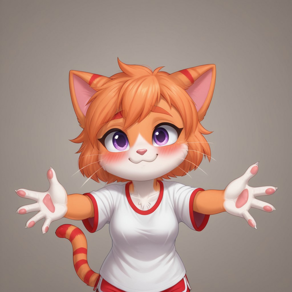 SuperKitties, Anthropomorphic body, Ginny, mammal, furry, orange tabby munchkin, \(artwork\), high quality/resolution, 4K, 2023, solid color background, solo focus, shaded, portrait, fur, female, biped, short stack, purple eyes, red stripes (in between 2 zig zag stripes), cat tail, ears down, chestnut (color) orange thin eyebrows, eyes opened, blushing red face, light pink solid color shirt, oversized shirt, magenta dolphin shorts, looking at the viewer, one eyelash, POV, incoming hug, hands reaching the viewer, smiling, sad, mouth slightly open, no hair only fur, shading, round-shaped head, white whiskers, white vanilla colored hands and feet (paws) close up, head slanted sideways
