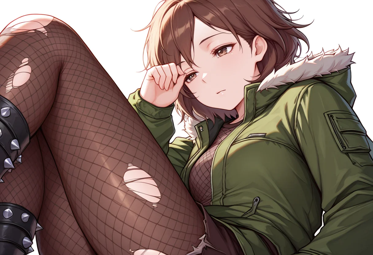 masterpiece,high quality details, absurdres,colorful,
<lora:Hiro_Kurusu_V2:0.8> hiro_cnr, 1girl, brown hair, short hair, brown eyes,, simple background, white background, sideways,solo,, in heat,sleepy,, mesh shirt ,parka,torn pantyhose, ,spiked legwear,