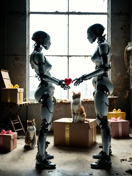 pair of robots, 2 persons, man and women, scifi post-apocalyptic theme, giant man robot in dark grey outfit with scratches and dents, shabby, gives a kitten as a gift, giving a gift, small cat in woman's hands , robot is handing a cat to a another, peting a cat, valentine, valentine day, love, woman robot in yellow metall flake outfit with helmet and dark visor, glittering, futuristic golden, cyborg,
<lora:Allisfulloflove1024:0.8> <lora:d\EnvyZoomSliderXL01:-2> <lora:MidjourneyV6.1:0.2> <lora:Mechanism-pdxl-1:0.3> <lora:Pony_Realism Slider:0.3> <lora:add-detail-xl:0.5> <lora:SDXL_dark:0.2> <lora:S1_Dramatic_Lighting_v3:0.3>