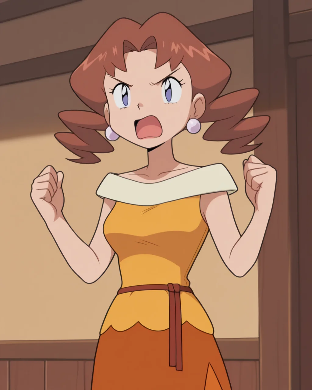 masterpiece, best quality, amazing quality, 1girl, <lora:Caroline_Pokémon:1>, carolinepok, brown hair, twintails, blue eyes, ball earrings, caroldress, yellow dress, collarbone, string belt, orange skirt, medium skirt, frown, open mouth, spread arms, hands up, clenched hands