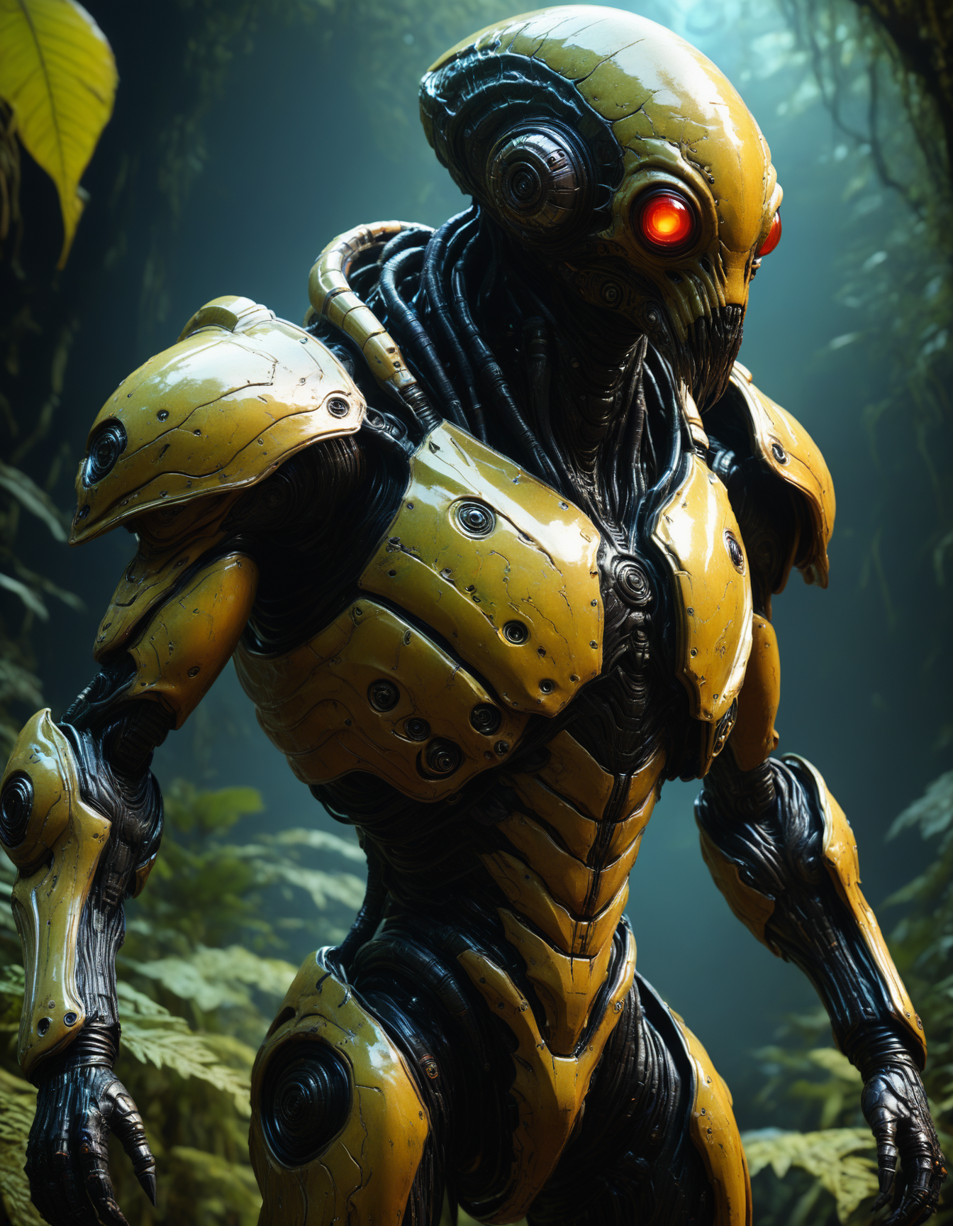 hyper realistic and highly detailed, full body view, full shot photo of an otherworldly monstrous alien creature wearing advanced power armor, standing in the middle of a dark jungle of a distant planet, (bizarre, metallic:1.5), photorealistic and highly detailed skin, visible pores, ultra detailed skin textures, (professional, finest details, maximized details, ultimate detail level, masterpiece, best quality:1.5), black and asphalt grey hue, duo toned,  highly dynamic, highly dramatic volumetric lighting
 <lora:artialien:0.7> artialien