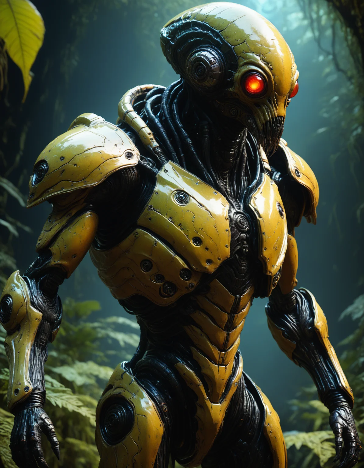 hyper realistic and highly detailed, full body view, full shot photo of an otherworldly monstrous alien creature wearing advanced power armor, standing in the middle of a dark jungle of a distant planet, (bizarre, metallic:1.5), photorealistic and highly detailed skin, visible pores, ultra detailed skin textures, (professional, finest details, maximized details, ultimate detail level, masterpiece, best quality:1.5), black and asphalt grey hue, duo toned, highly dynamic, highly dramatic volumetric lighting
<lora:artialien:0.7> artialien