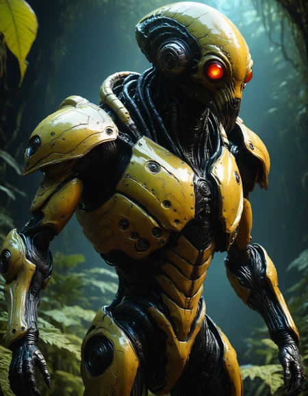 hyper realistic and highly detailed, full body view, full shot photo of an otherworldly monstrous alien creature wearing advanced power armor, standing in the middle of a dark jungle of a distant planet, (bizarre, metallic:1.5), photorealistic and highly detailed skin, visible pores, ultra detailed skin textures, (professional, finest details, maximized details, ultimate detail level, masterpiece, best quality:1.5), black and asphalt grey hue, duo toned, highly dynamic, highly dramatic volumetric lighting
<lora:artialien:0.7> artialien